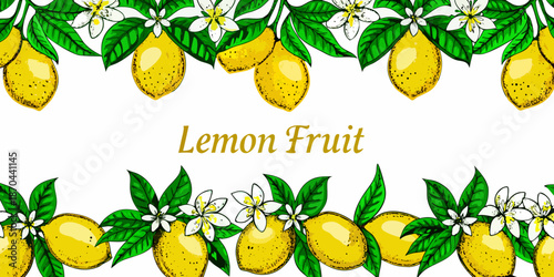 A decorative border featuring vibrant lemons blossoms and lush green leaves