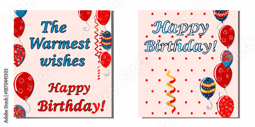 Festive birthday cards with balloons and colorful celebratory designs