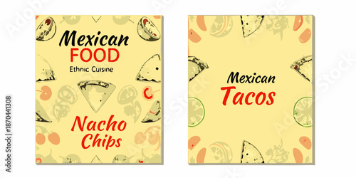 Colorful mexican food posters featuring tacos nachos and lime illustrations