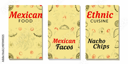 Three vertical banners promoting mexican food and ethnic cuisine with taco designs