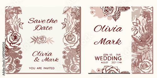 Vintage floral wedding save the date card design with rose illustrations