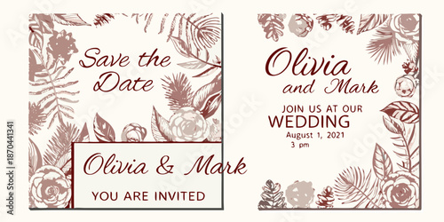 Elegant floral wedding invitation card design with names olivia and mark