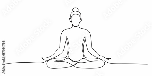 A continuous line drawing of a person meditating in a lotus position