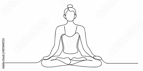 A minimalist line drawing depicts a woman in a meditative yoga pose