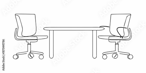 Simple line drawing of two office chairs facing a small round table