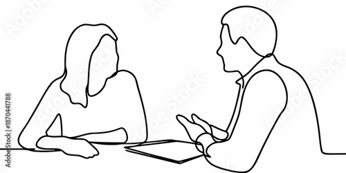Simple line drawing depicts a conversation between a man and a woman