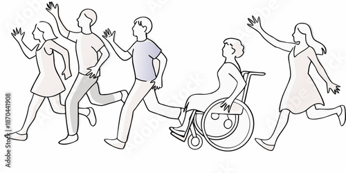 Diverse group of people running and moving with joy and inclusivity