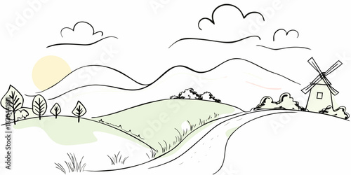 A peaceful countryside scene with rolling hills windmill and a rising sun