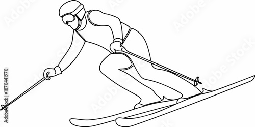 A skier in motion downhill on snow depicted in a simple line drawing style