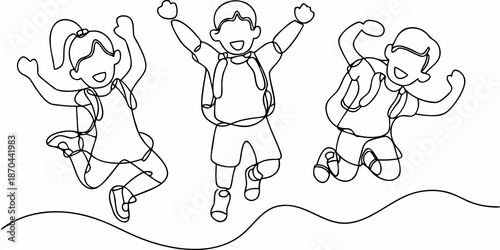 Joyful children jumping with raised arms in a continuous line drawing style