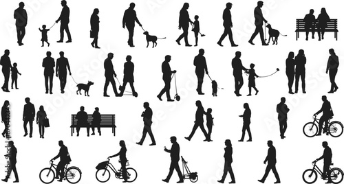People silhouettes, walking, biking, sitting, dog walking, stroller, urban life, public space, interaction, gesture, posture, minimal design, diversity, outdoor activity, everyday movement
