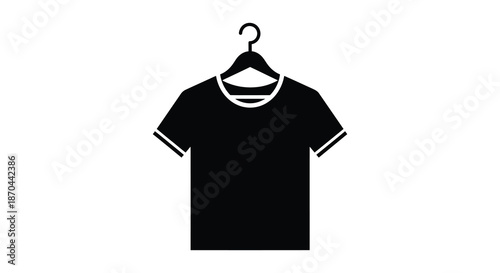 a simple black t shirt hanging on a wooden hanger a minimalist clothing item silhouette
