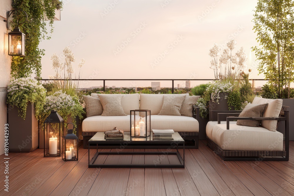 Obraz premium Luxurious terrace setup featuring glass coffee table and neutral cushions