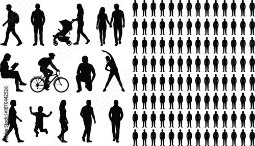 Human silhouettes, walking, sitting, biking, stroller, umbrella, crowd grid, urban life, public space, gesture, posture, minimal design, diversity