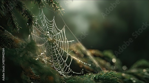 A delicate spider web adorned with glistening dew drops is nestled among lush green foliage, creating a serene and enchanting nature scene.