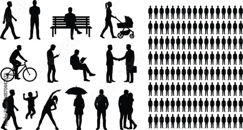 People silhouettes, walking, sitting, biking, stroller, umbrella, crowd grid, urban life, public space, gesture, posture, minimal design