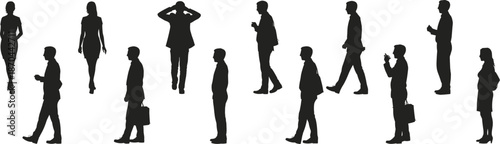 People silhouettes, urban crowd, walking, standing, mobile use, stress pose, casual attire, black outline, diversity, public space, minimal design