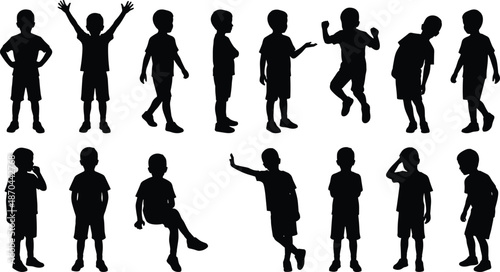 Children silhouettes, expressive poses, body language, casual gestures, walking, jumping, sitting, pointing, black outline, minimal design, movement study