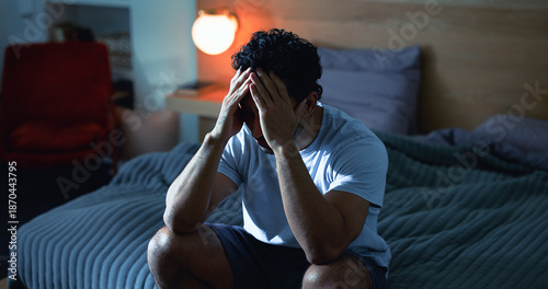 Tableau sur toile Insomnia, night and man in bedroom with fatigue for burnout, exhausted and stress for mental health