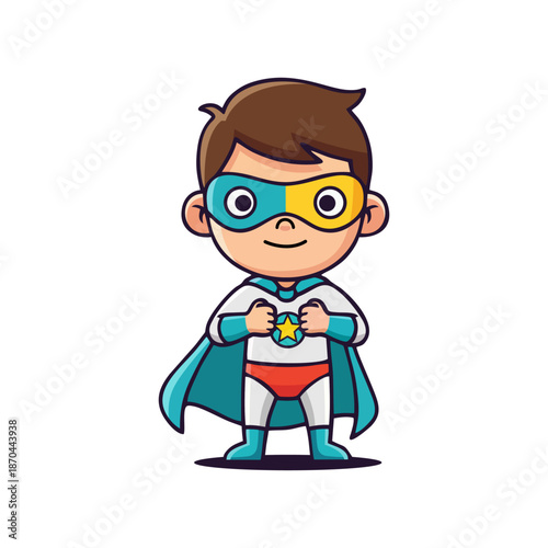Cute Little Boy Superhero Mascot Illustration - Brave Child Character in Hero Costume with Cape and Star Emblem isolated on white