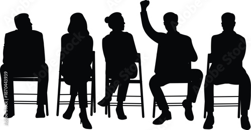 Silhouette of a Team of Businessmen and Entrepreneurs Sitting on Chairs with One Person Celebrating Successful Job Interview. Professional Success and Career Achievement Concept Illustration
