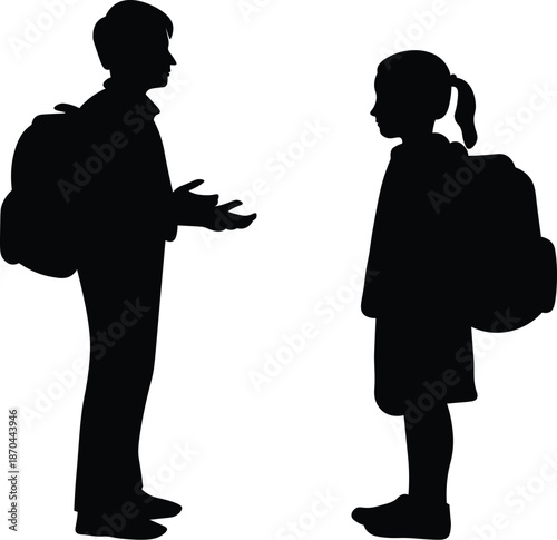 Silhouette of Male and Female Kid Students Discussing While Carrying School Bags and Wearing School Uniforms. Education and Friendship Concept Illustration