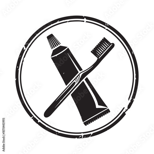 A simple black and white illustration depicting a crossed toothbrush and toothpaste tube within a circle