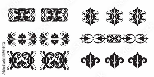 Collection of ornate black and white vintage floral design elements