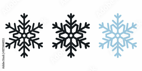 Three detailed snowflake illustrations in varying shades of blue and black