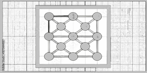 A geometric illustration of a network structure with interconnected circular nodes