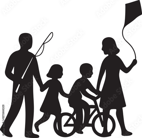 Happy family enjoying outdoor activities with fishing rod kite and bicycle silhouette