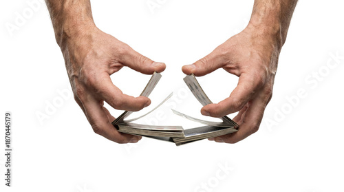 Cuadro en lienzo Hands performing a bridge card shuffle trick on transparent background