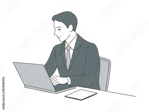 ノートパソコンを使ってデスクワークをするスーツ姿の男性のイラスト素材