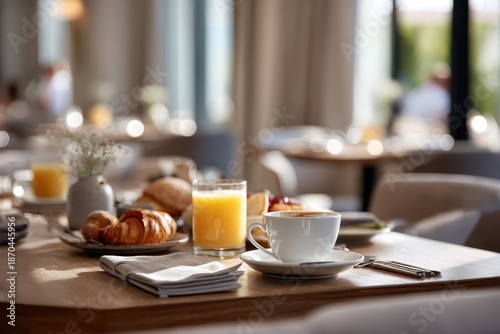 Wallpaper Mural Morning breakfast at a hotel restaurant: coffee cup, fresh juice and eggs on a table setting Torontodigital.ca