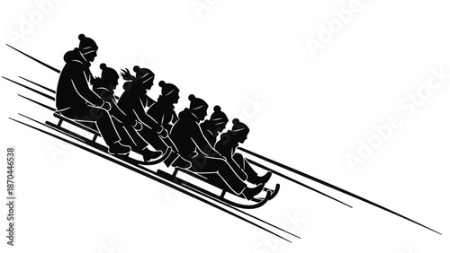 Joyful family enjoys a thrilling sledding adventure down a snowy hill.