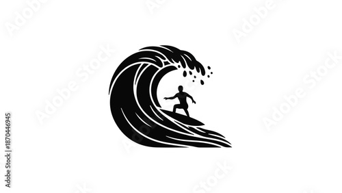 Surfer catches a powerful wave, silhouetted against a white background