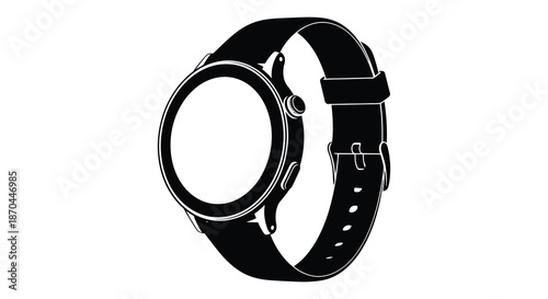 A sleek black smartwatch with a circular face and adjustable strap presented as a silhouette