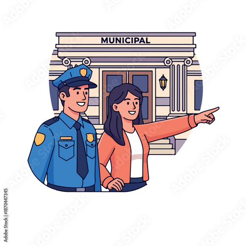 Illustration of a smiling police officer and a woman pointing in front of a municipal building with a flat design style and vibrant colors.