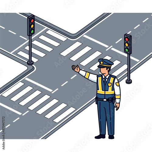 Traffic officer directing vehicles at a crossroads intersection with traffic lights on a white background.