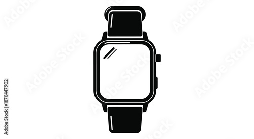 A sleek modern smartwatch design with a dark strap and a blank screen silhouette