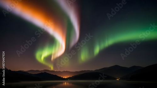 Wallpaper Mural Vibrant Aurora Borealis dancing above a serene lake at dusk with majestic mountains in the background Torontodigital.ca
