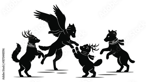 Playful fantasy creatures with wings and antlers frolic together in a snowy scene