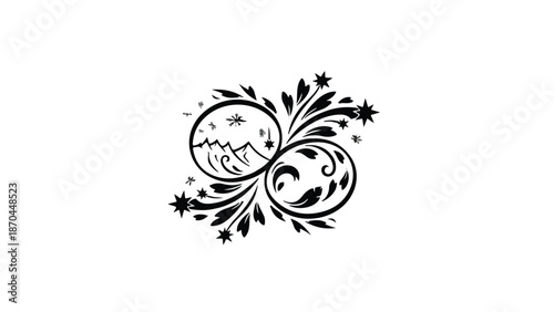 Elegant floral swirl design with nature vignettes, symbolizing harmony and growth.