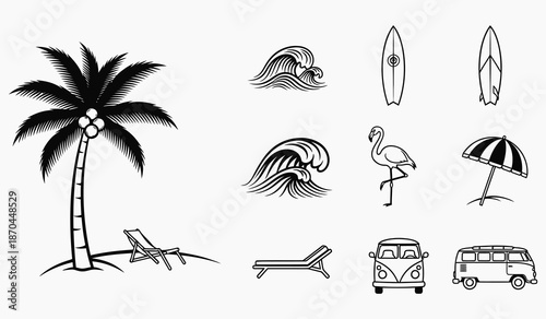 Beach vacation icons and symbols