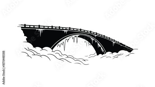 Majestic stone bridge arches over misty, flowing water under icy conditions