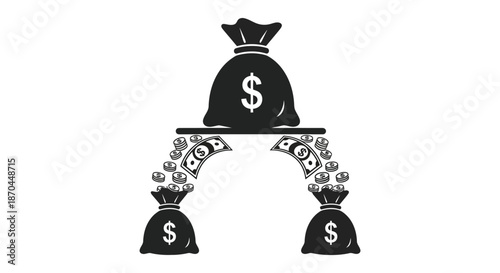 A striking black silhouette of money bags forming an archway with dollar signs silhouette