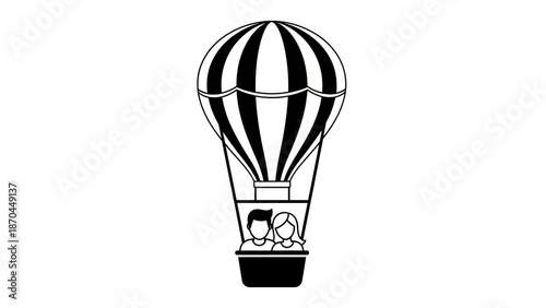 Black and white illustration of a hot air balloon with two people inside the basket, symbolizing adventure and travel.