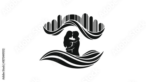 Silhouettes of a loving couple embracing under abstract wave and city skyline design