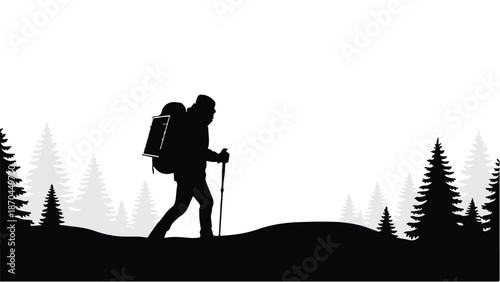 Silhouette of a hiker with a large backpack and walking stick trekking through a forest landscape.