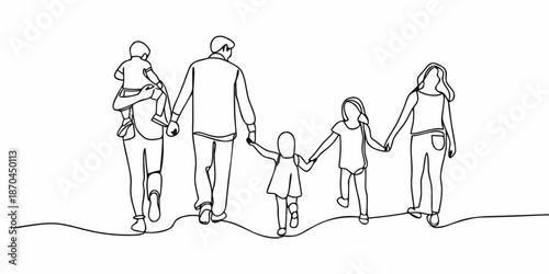 A family of five holding hands walking together depicted in a simple line drawing